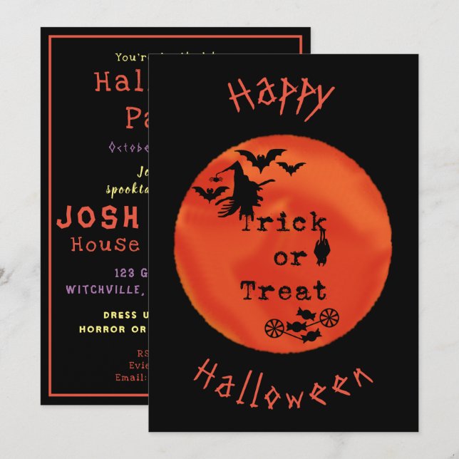 Bus eller Buss med Häxa och Fladdermöss på Orange  Inbjudningar (Fram/baksida)