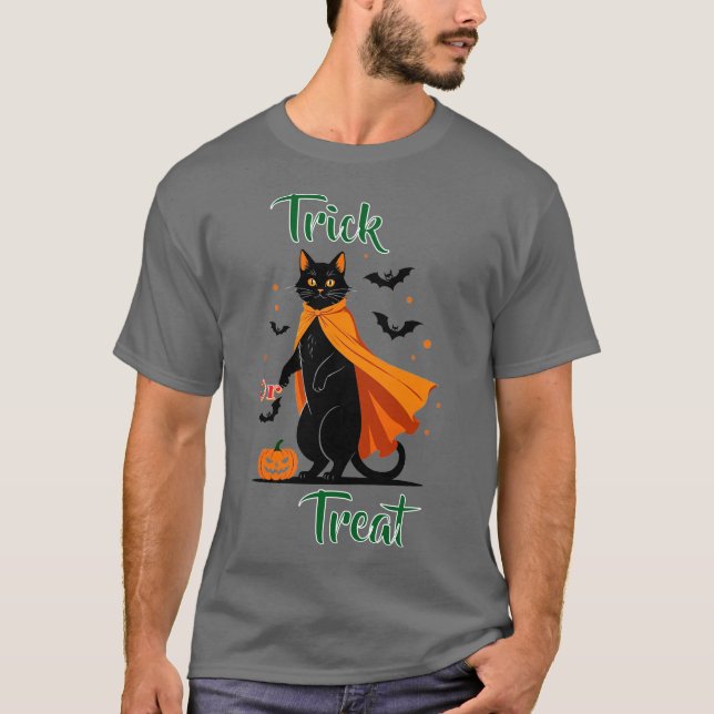 Bus eller godis Black Cat Halloween T-Shirt (Framsida)