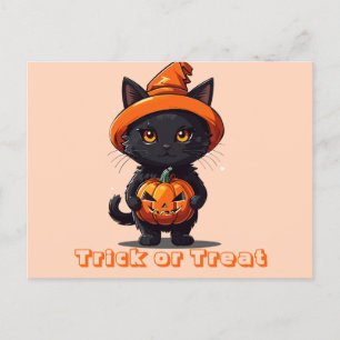 Bus eller godis Black Cat i Witches Hat Halloween Helg Vykort