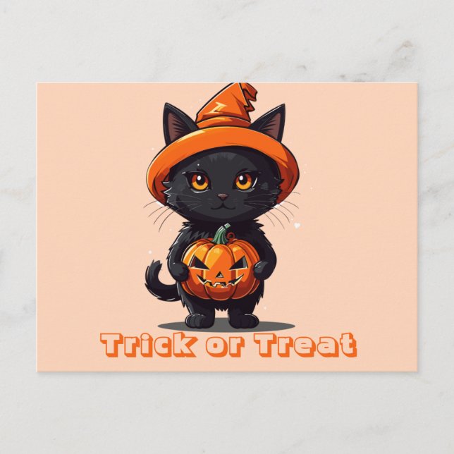 Bus eller godis Black Cat i Witches Hat Halloween Helg Vykort (Framsida)