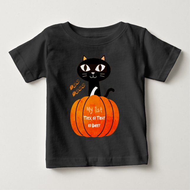 Bus eller godis Black Cat Pumpkin Min första Hallo T Shirt (Framsida)