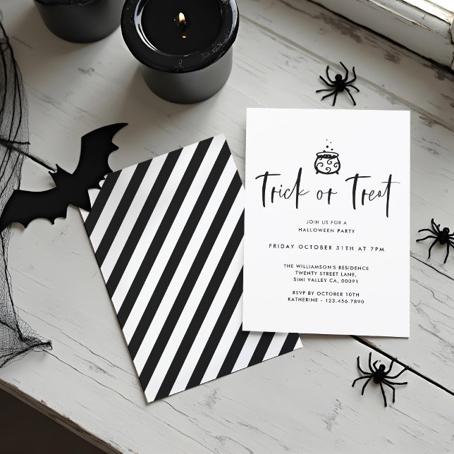 Bus eller godis Black Minimum Halloween fest Inbjudningar (Trick Or Treat Black Minimal Halloween Party Invitation)