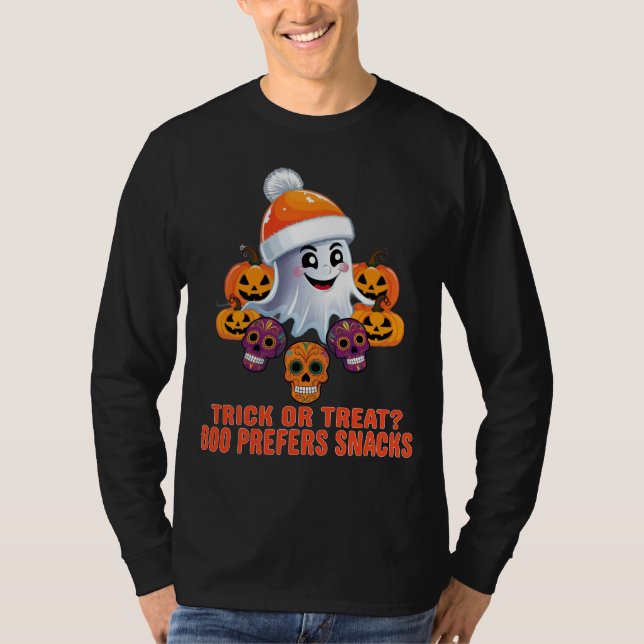 Bus eller godis Boo Funny Quote Halloween fest T Shirt (Framsida)