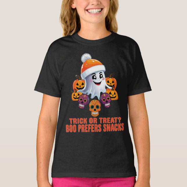 Bus eller godis Boo Funny Quote Halloween fest T Shirt (Framsida)