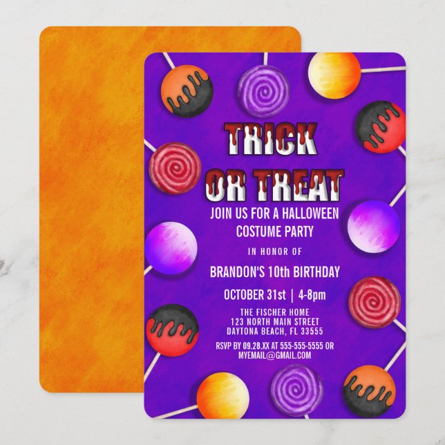 Bus eller godis Candy Halloween Costume Birthday Inbjudningar (Fram/baksida)