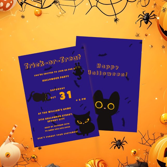 Bus eller godis | Cute Black Cat Halloween Inbjudningar (Skapare uppladdad)