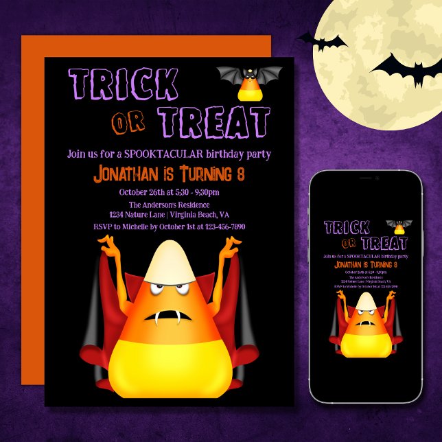 Bus eller godis Cute Candy corn Halloween Birthday Inbjudningar (Printed and Digital - Trick or Treat Cute Candy Corns Halloween Birthday Invitation)