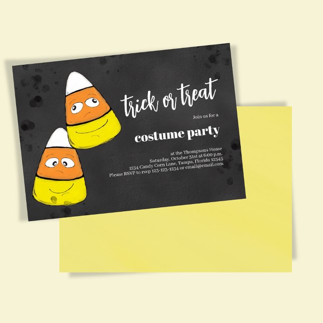 Bus eller godis Cute Candy corn Halloween fest Inbjudningar (Trick or treat Halloween costume party invitation with cute candy corn. )