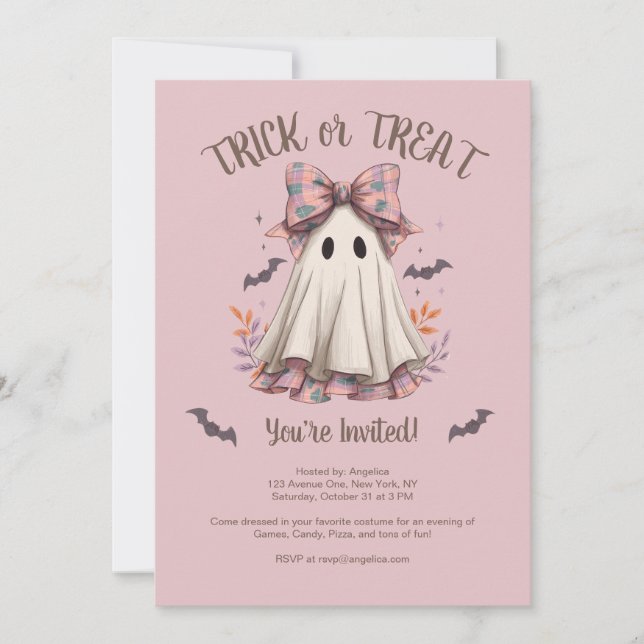 Bus eller godis Cute Ghost Girl Halloween fest Inbjudningar (Framsida)