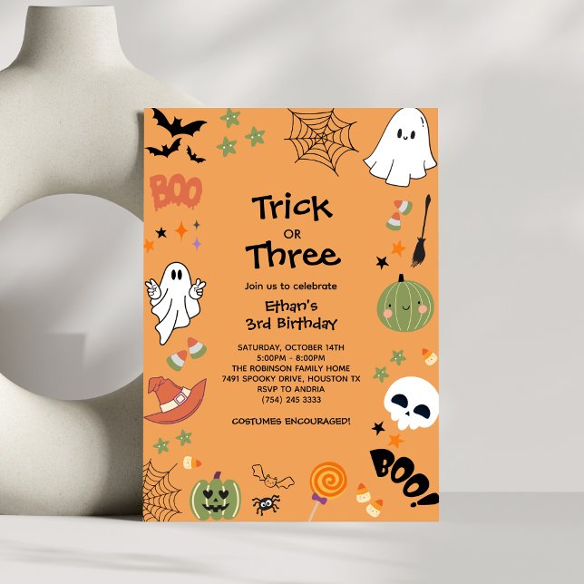 Bus eller godis Cute Ghost Halloween 3:e födelseda Inbjudningar (Trick or Treat Cute Ghost Halloween 3rd Birthday Invitation )