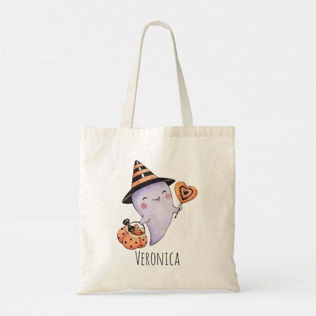 Bus eller godis Cute Ghost Halloween Tygkasse (Baksida)