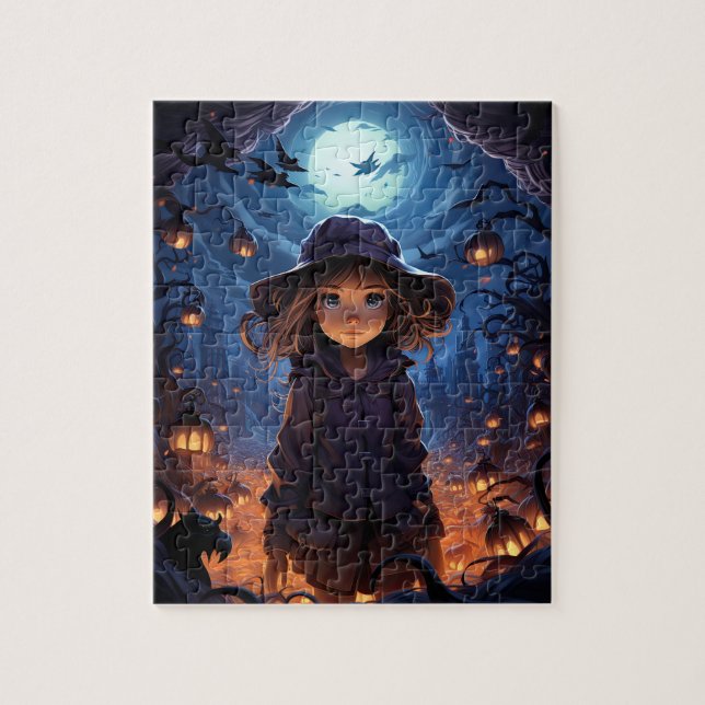 Bus eller godis Cute Girl Halloween Pussel (Vertikal)