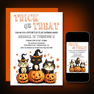 Bus eller godis Cute Halloween Cats Birthday Inbjudningar