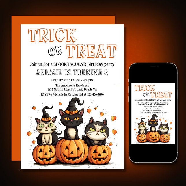 Bus eller godis Cute Halloween Cats Birthday Inbjudningar (Printed and Digital - Trick or Treat Cute Halloween Cats Birthday Invitation)