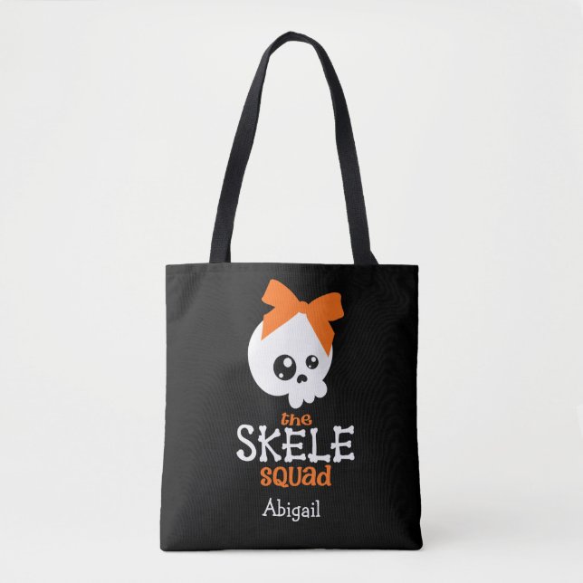 Bus eller godis Cute Orange Skeleton Halloween Nam Tygkasse (Framsida)
