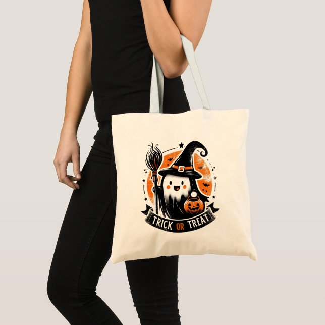 Bus eller godis - Cute Witch Ghost Tote Bag Tygkasse (Framsida (produkt))