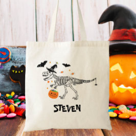 Bus eller godis Dinosaur med Witch Hat Halloween Tygkasse
