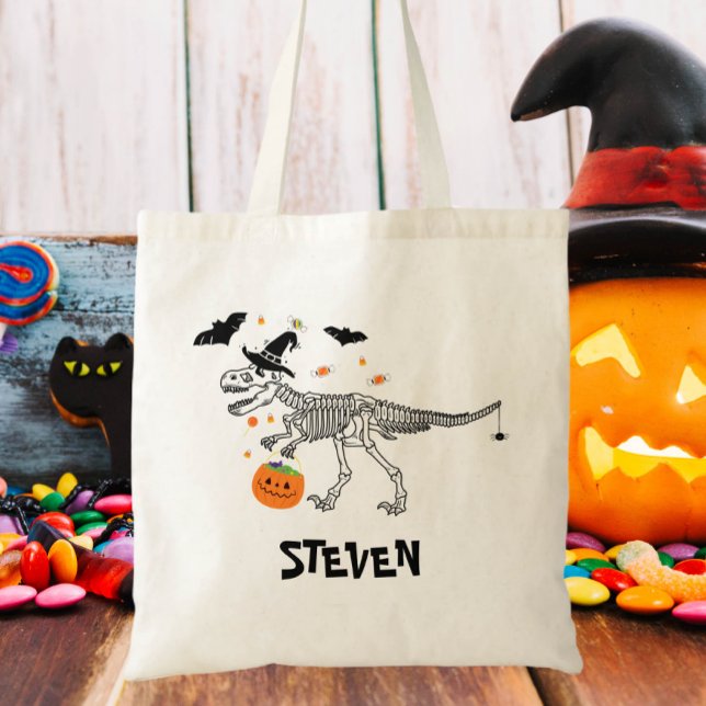 Bus eller godis Dinosaur med Witch Hat Halloween Tygkasse (Skapare uppladdad)