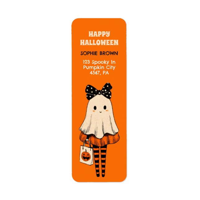 Bus eller godis Ghost Cute Halloween Returadress Etikett (Framsidan)