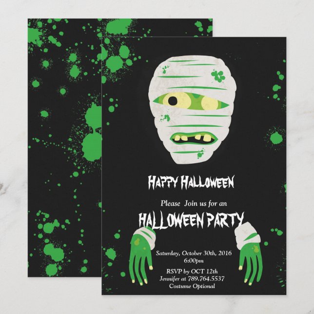 bus eller godis Grönt monster Halloween Inbjudningar (Fram/baksida)