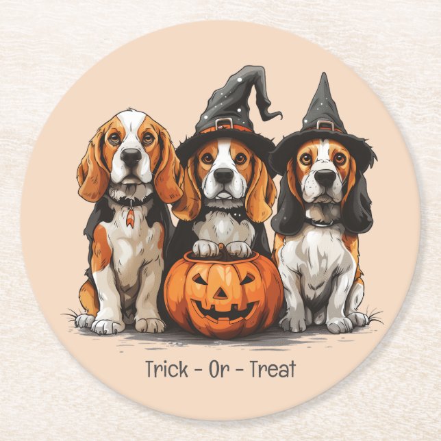 Bus eller godis Halloween Beagle Hundar Underlägg Papper Rund (Framsidan)