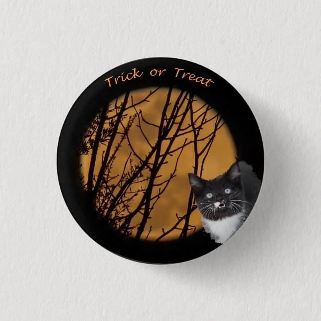 Bus eller godis Halloween Black cat & måne Knapp (Framsida)