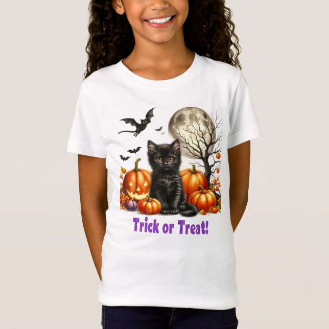 Bus eller godis Halloween Black Cat Pumpkin T-Shir T Shirt (Framsida)