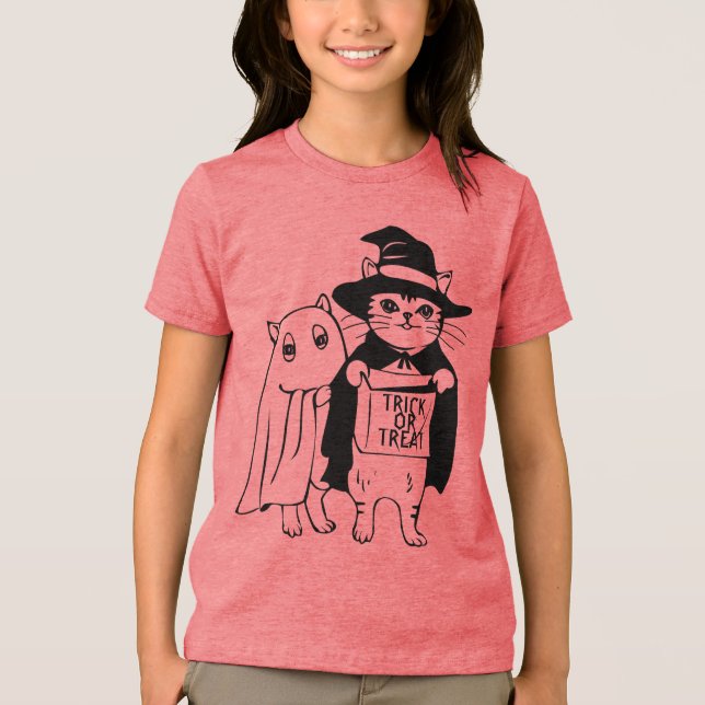 Bus eller godis Halloween Cat Witch Ghost T Shirt (Framsida)