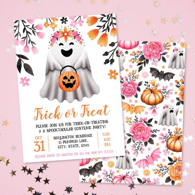 Bus eller godis Halloween Costume Party Cute Ghost Inbjudningar (Trick or Treat Halloween Costume Party Cute Ghost Invitation)