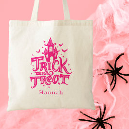 Bus eller godis Halloween Cute Bright Rosa Kids Tygkasse