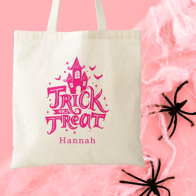 Bus eller godis Halloween Cute Bright Rosa Kids Tygkasse (Skapare uppladdad)
