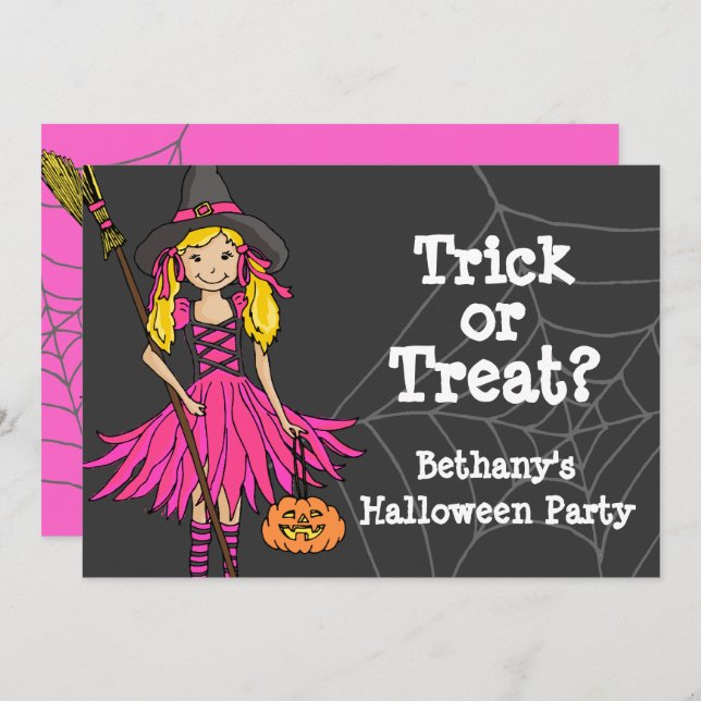 Bus eller godis Halloween Flickor Inbjudningar (Fram/baksida)