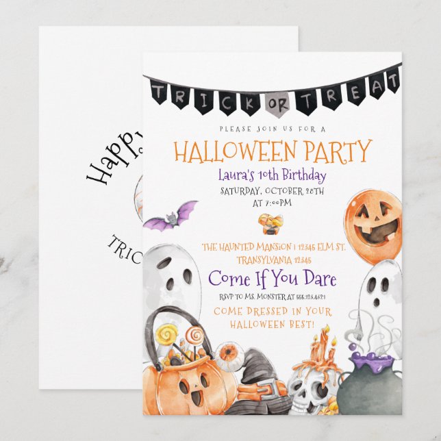 Bus eller godis Halloween-födelsedagsinbjudan Inbjudningar (Fram/baksida)