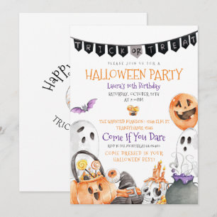 Bus eller godis Halloween-födelsedagsinbjudan Inbjudningar