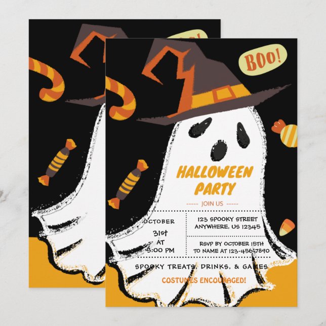 bus eller godis, Halloween Ghost, godisinbjudan Inbjudningar (Fram/baksida)