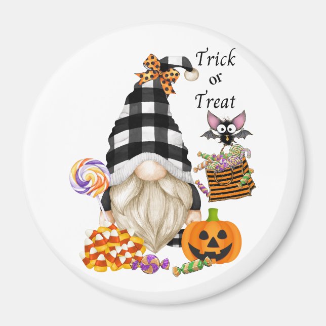 Bus eller godis Halloween Gnome Magnet (Framsidan)