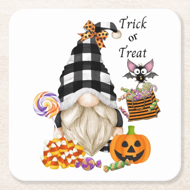 Bus eller godis Halloween Gnome Underlägg Papper Kvadrat (Framsidan)