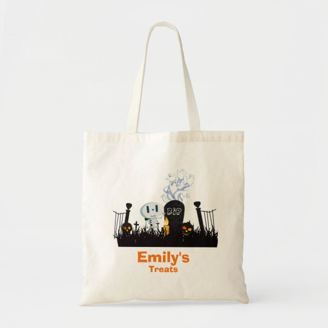 Bus eller godis Halloween Graveyard Cute Skeleton Tygkasse (Framsidan)