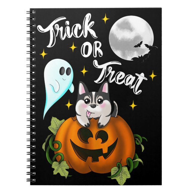 Bus eller godis Halloween Hund vit Anteckningsbok (Framsidan)