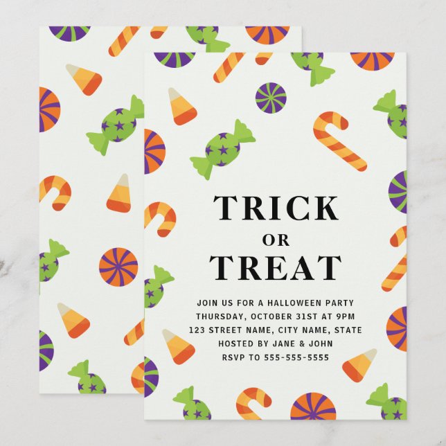 Bus eller godis Halloween-inbjudan med Candies Inbjudningar (Fram/baksida)