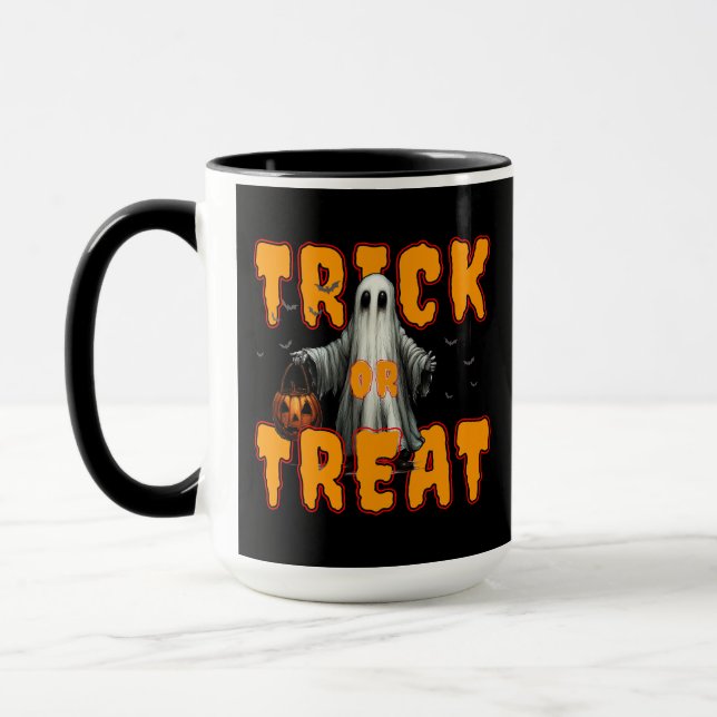 bus eller godis halloween läskig spöke pumpa mugg (Vänster)