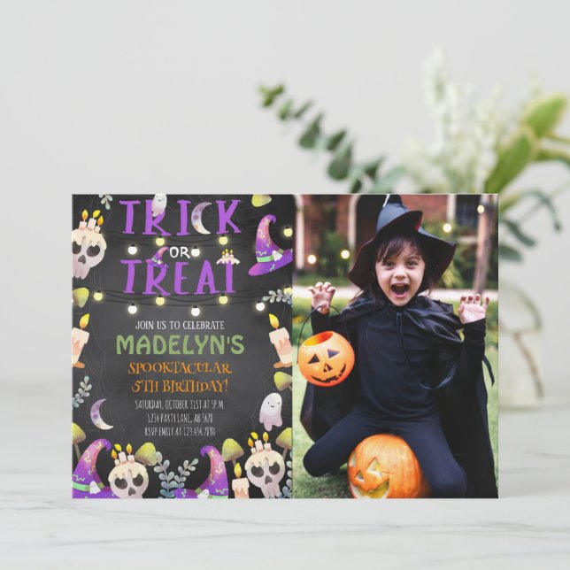 Bus eller godis Halloween Photo Inbjudningar (Stående Fram)