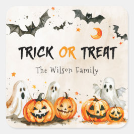 Bus eller godis Halloween Pumpkin Ghost Sticker Fyrkantigt Klistermärke