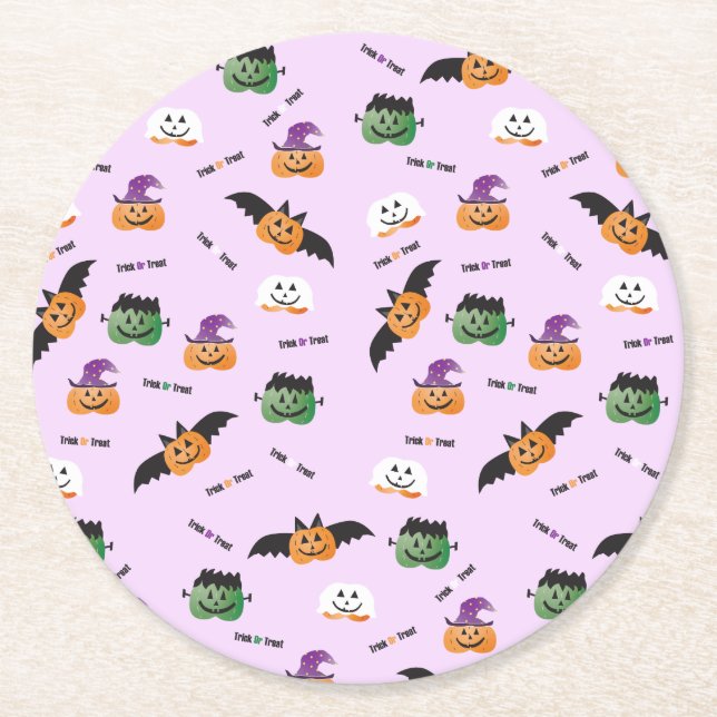 Bus eller godis Halloween Pumpkin Mönster Lila Underlägg Papper Rund (Framsidan)