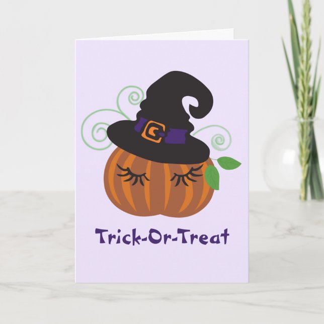 Bus eller godis Halloween Pumpkin Witch Hat Kort (Framsida)