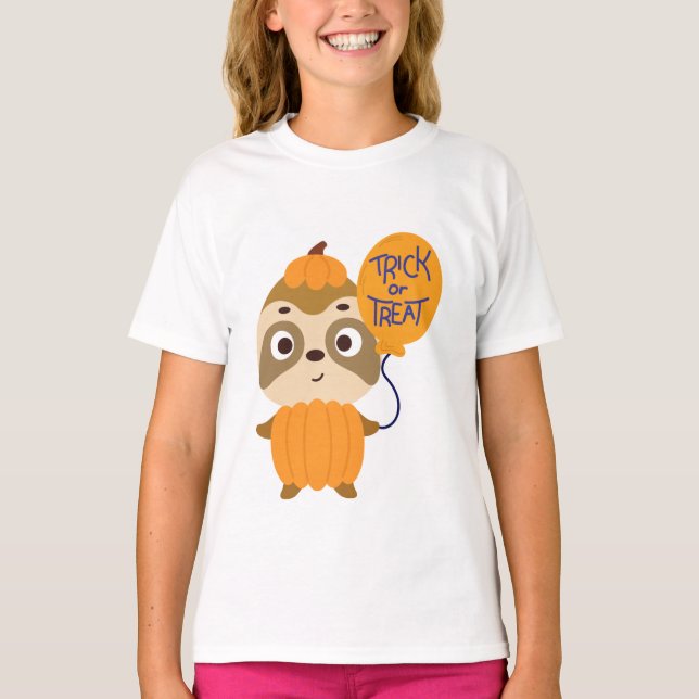 Bus eller godis Halloween Sloth Pumpkin Kids Shirt T Shirt (Framsida)