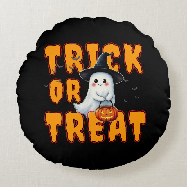 bus eller godis halloween söt spöke pumpa rund kudde (Framsidan)