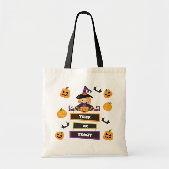 Bus eller godis Halloween Witch Pumpkin Tygkasse (Framsidan)