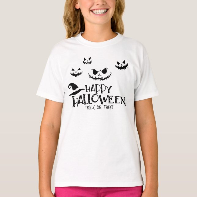 Bus eller godis Happy halloween Costume för flicko T Shirt (Framsida)