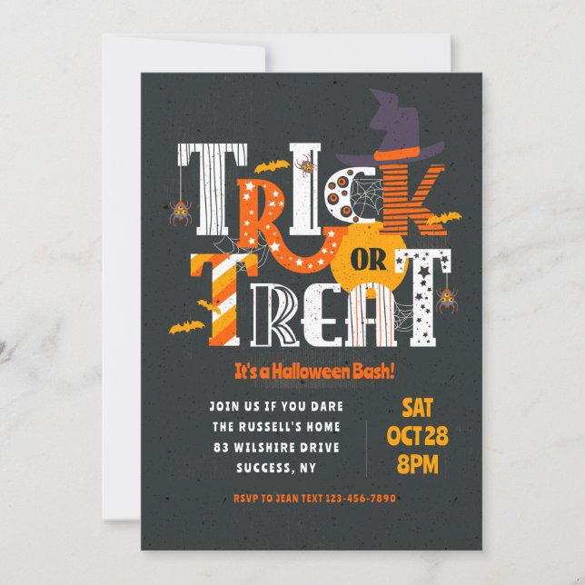 Bus eller godis Lettering Halloween-inbjudan Inbjudningar (Framsida)